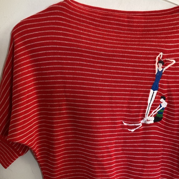 Vintage early 1980s Red Striped Sweater boat neck with Swimmer Design size XS/S - Picture 9 of 13
